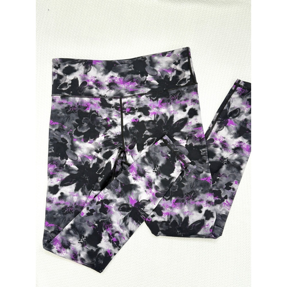 ZYIA Active Floral Watercolor Soft N Snug Leggings Women 8-10 Purple Black Gym